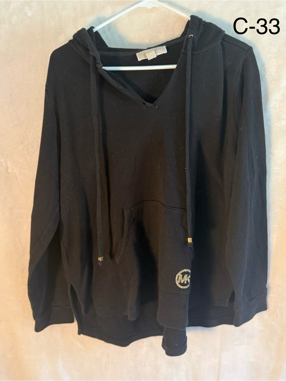 Michael Kors Black V-Neck Hooded Knit Sweater with Gold Accents